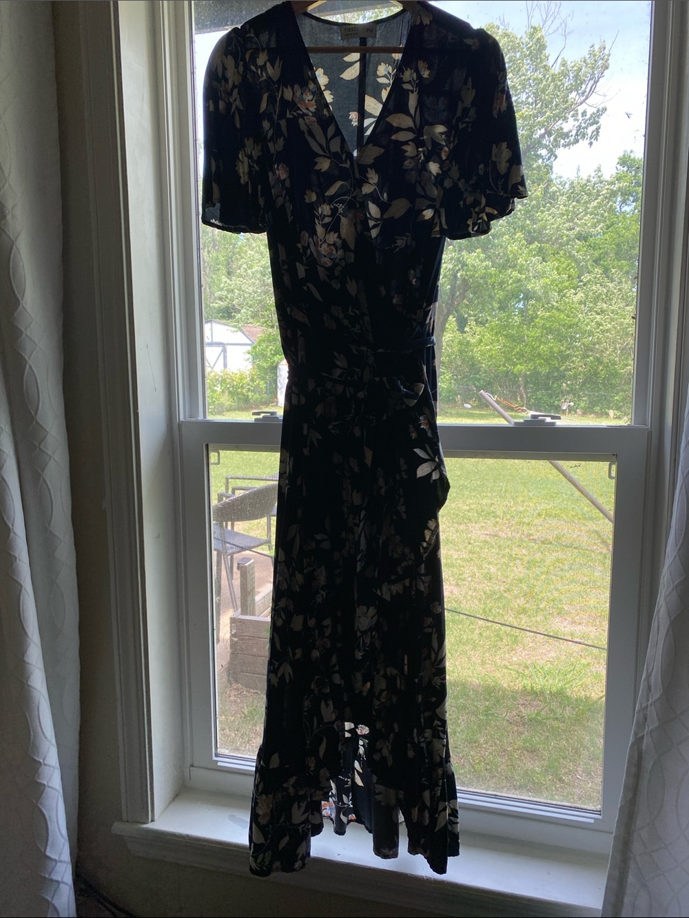 Tinsel Navy Blue Floral Maxi Wrap Dress with Cream Leaves